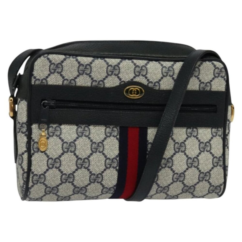 Authentic GUCCI GG Supreme Sherry Line Shoulder Bag PVC Navy Gold 68 02 004